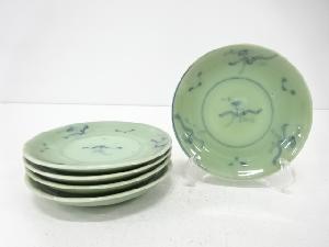 青磁　染付　人物　小皿　5客揃